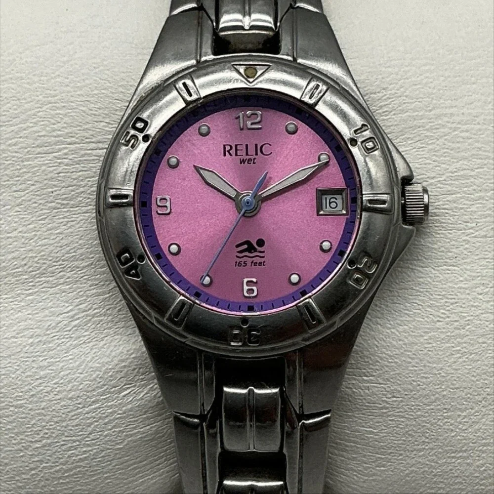 Relic Wet Womens Watch 25mm Pink Dial Stainless Bracelet Date New Battery 5.75